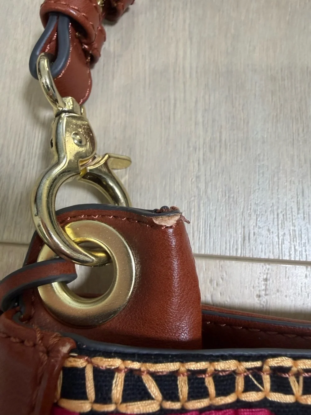 Nanette Lepore Brown Trim Shoulder Bag with Multicolor Embroidered Panel